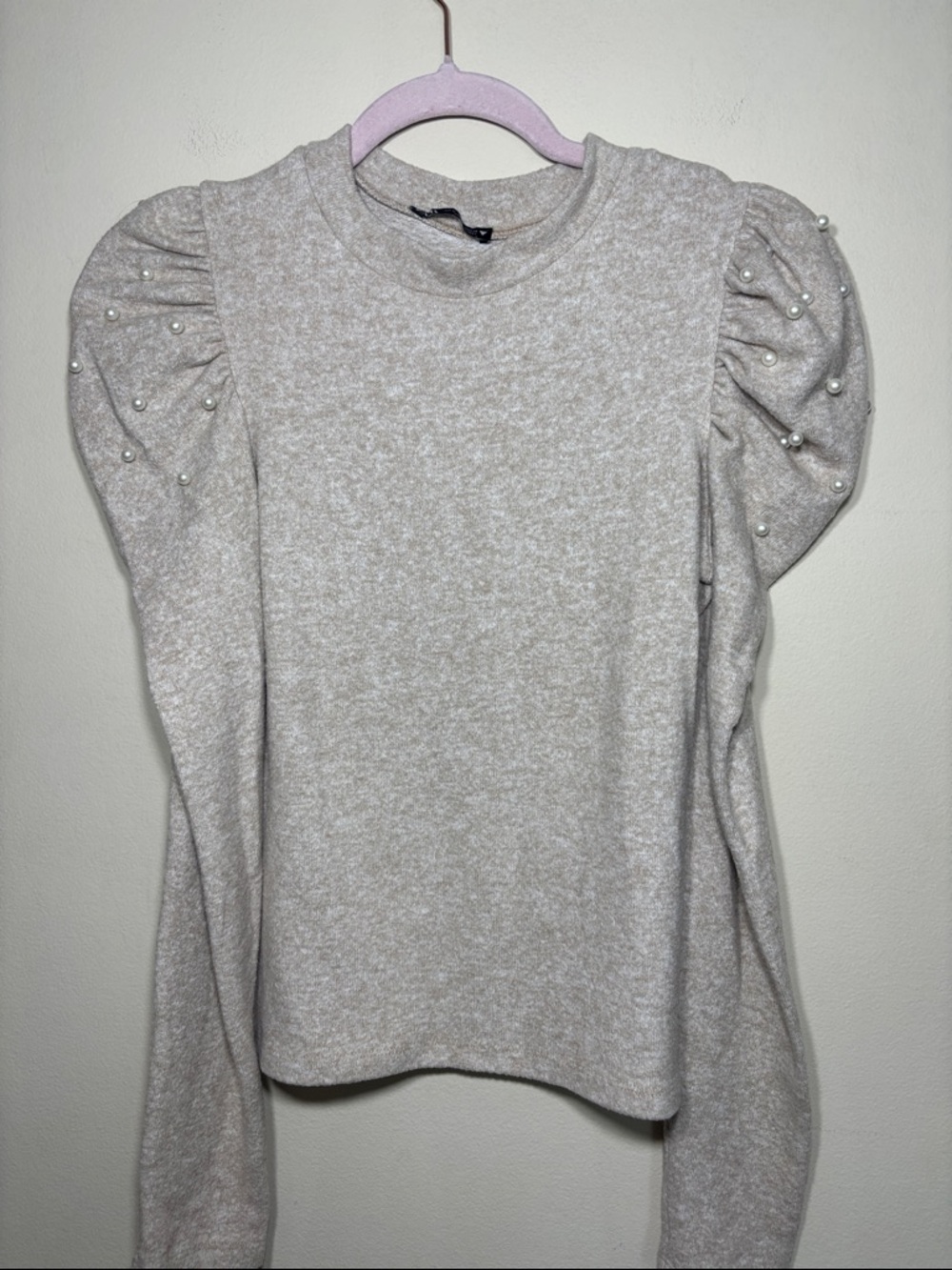 Zara Cream Puff Sleeve Pearl-Accent Sweater